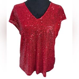 🆕MSK ultra red ladies pullover sequin‎ shimmery top size small NWT stretch poly